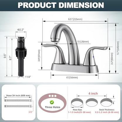 Brushed Nickel Bathroom Sink Faucet, 4 Inch Centerset Bathroom Faucet | ALEASHA 2 Handles Vanity Faucet with Pop Up Drain Stopper, RV Lavatory Vanity Faucets with Aesthetic Appeal - color: Brushed Nickel