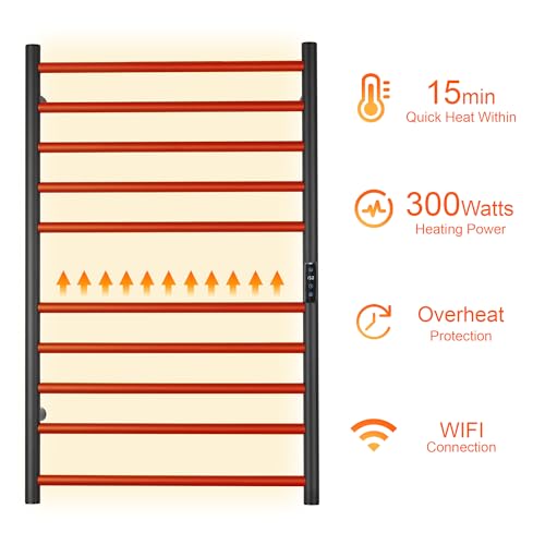 Electric Towel Rack with Voice Control for Alexa & Google Home,TUYA-Wall-Mounted Bathroom Heating Towel Warmer,Stainless Steel Material,31.5x20.08x4.41in,Plug-in,Black,10 Bars - color: Black With Wifi, size: 10 Bar