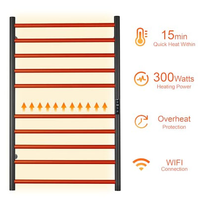 Electric Towel Rack with Voice Control for Alexa & Google Home,TUYA-Wall-Mounted Bathroom Heating Towel Warmer,Stainless Steel Material,31.5x20.08x4.41in,Plug-in,Black,10 Bars - color: Black With Wifi, size: 10 Bar
