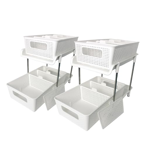 2 Tier Kitchen & Cabinet Drawer Storage Rack With Sliding Baskets – Adjustable Shelf Laundry Room Organization| Under Sink Organizer For Bathroom Accessories & Kitchen