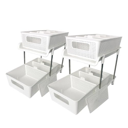 2 Tier Kitchen & Cabinet Drawer Storage Rack With Sliding Baskets – Adjustable Shelf Laundry Room Organization| Under Sink Organizer For Bathroom Accessories & Kitchen