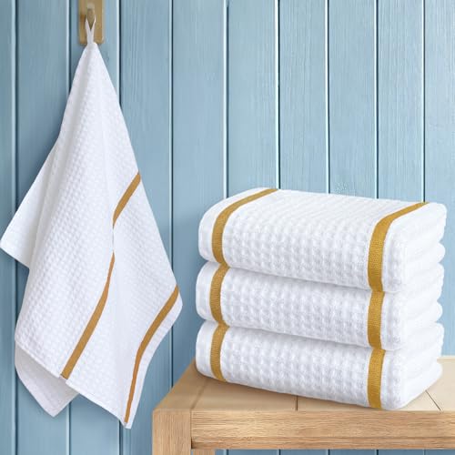 VOOVA & MOVAS Waffle Weave Kitchen Hand Towels 4PC, 16"x26" - 100% Cotton | Soft | Absorb | Daily Use, White Dish Towels for Kitchen，White Check with Yellow Stripe - color: White + Yellow, size: 4PC Hand Towels