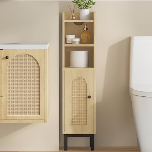 Hzuaneri Bathroom Storage Cabinet, Small Corner Floor Cabinet | Narrow Toilet Paper Holder, Bathroom Organizer with Adjustable Shelf, 2 Doors, for Small Spaces, Rattan Yellow BC08202Y - color: Rattan Yellow, size: 7.9"D x 7.9"W x 32.7"H