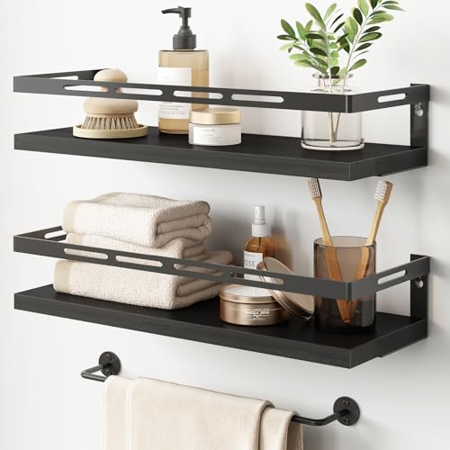 YGEOMER Floating Shelves for Bathroom Organizer Over Toilet, Wall Mounted Bathroom Shelves with Towel Bar, Wall Shelf for Bedroom Kitchen Living Room Storage (Black-Black) - color: Black-black
