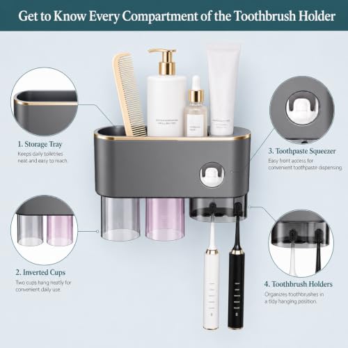 Bathroom Toothbrush Holder —Wall-Mounted Toothbrush Organizer (with Automatic Toothpaste Dispenser), Magnetic Rinse Cup Design, No-Drill Bathroom Vanity Storage Tray (Gunmetal Gray (2 Cups)) - color: Gunmetal Gray (2 Cups)