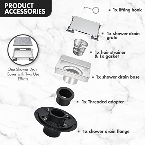 Micmi 6 Inch Shower Floor Drain with Adjustable Quadrato Pattern Grate, 304 Stainless Steel, PVC Shower Drain Base, Rubber Gasket, Hair Strainer (1 Pack, Brushed Nickel, 6 in Tiled with Flange) - size: 6 IN Tiled with Flange