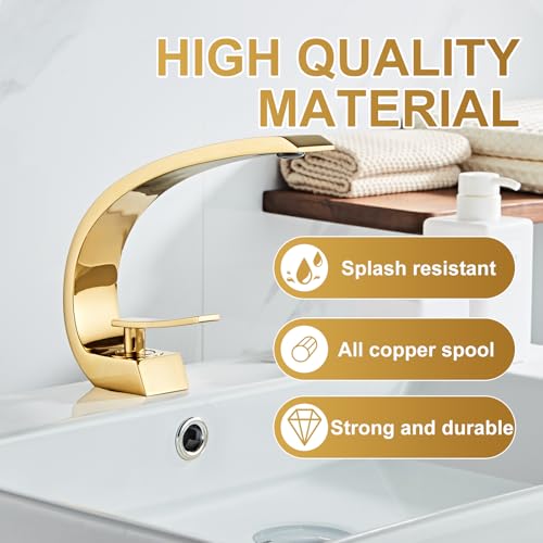 Shiny Polished Gold Bathroom Sink Faucet, Unique Design and Pop Up Drain - color: Shiny Polished Gold