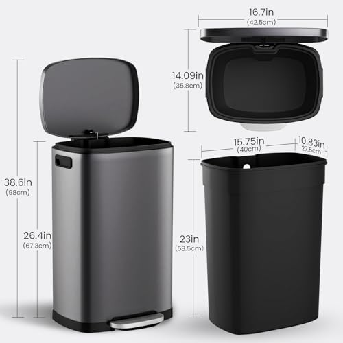 ELPHECO Kitchen Trash Can with Lid 13 Gal Stainless Steel Pedal Garbage Can | Soft Close Lid Pedal Heavy-Duty Fingerprint Proof Step Wastebasket with 20 Bags Removable Bucket, Home Office Titanium Silver - color: Titanium Silver
