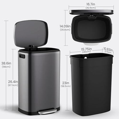 ELPHECO Kitchen Trash Can with Lid 13 Gal Stainless Steel Pedal Garbage Can | Soft Close Lid Pedal Heavy-Duty Fingerprint Proof Step Wastebasket with 20 Bags Removable Bucket, Home Office Titanium Silver - color: Titanium Silver