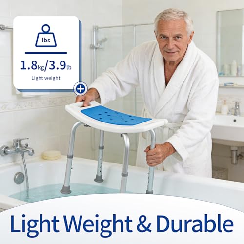 Heavy Duty Shower Chair with 6 Height Adjustments, 300 lbs Capacity Aluminum Frame, No Tool Required Assembly Bath Seat with EVA Cushion & Shower Holder for Elderly & Disabled