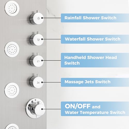 DELAVIN Stainless Steel Shower Tower, Multi Function Shower Panel Tower | Rainfall Waterfal, Full Body Shower System with Body Jets and Handheld Shower, Brushed Nickel, Solution for Rental Properties - style: 5 Body Jets
