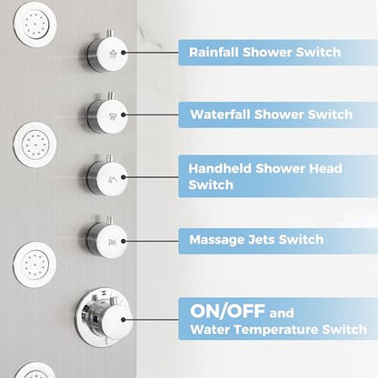 DELAVIN Stainless Steel Shower Tower, Multi Function Shower Panel Tower | Rainfall Waterfal, Full Body Shower System with Body Jets and Handheld Shower, Brushed Nickel, Solution for Rental Properties - style: 5 Body Jets