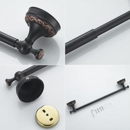 Oil Rubble Bronze Brass Single Towel Bar, Adjustable 15.5 to 27.5 Inch Bath Towel Bar Rack for Bathroom Towel Holder, Wall Mounted Black Bathroom Hardware Accessories,Pattern Carving Design - color: Single Towel Rack