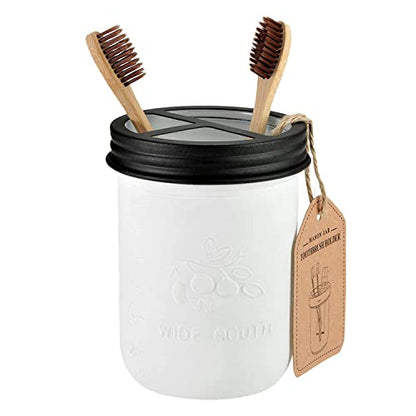 Amolliar Mason Jar Bathroom Accessories Set, 4Pcs Glass Bathroom Set, Black | White Retro Lotion Soap Dispenser, 2 Apothecary Jars, Toothbrush Holder, Rustic Farmhouse Bathroom Decor Countertop Organizer - size: White Black, style: Standard-mouth