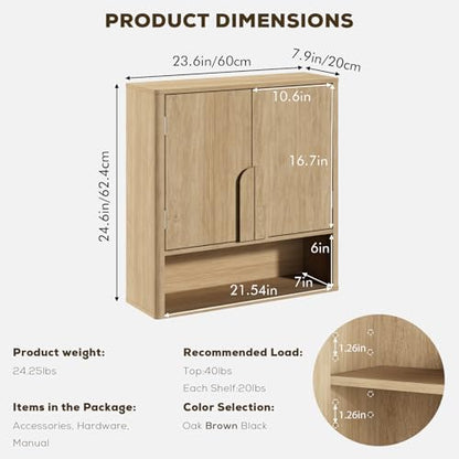 RUSTOWN Wall Mounted Bathroom Cabinets with Rounded Edges & Curved Handles | Adjustable Shelf, 3-Tier Over The Toilet Storage Cabinets, Modern Medicine Cabinet for Laundry Kitchen Living Room - color: Natural Oak