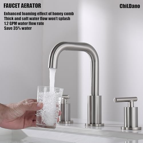 8 inch Brushed Nickel Widespread Bathroom Faucet, 2 Handle 3 Hole Bathroom Faucet with Sink Drain and Water Faucet Supply Hose, ChiLDano Bathroom Faucets CH3166BN | ChiLDano Satin Nickel Sink Faucet Bathroom with 360 Swivel Spout, Brushed Nickel Vanity Fa