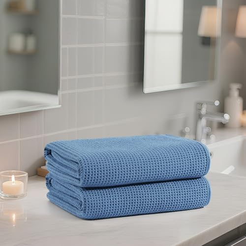 POLYTE 380 GSM Poly Blend Microfiber Quick Dry Waffle Bath Towel, 30x60 in | 2 Pack, Oversize, Lint Free, Body Towel - color: Blue