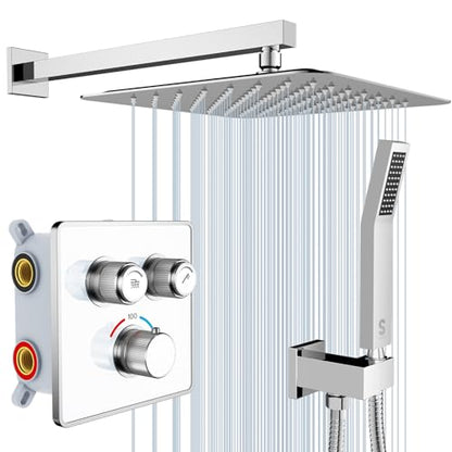 SR SUN RISE 100℉ Brushed Polished Chrome Shower System,12 Inch | Luxury Rainfall Shower Head,High-Pressure Handheld Shower,Soild Brass,Wall Mount,Valve and Trim Kit Included - color: Polished Chrome, style: 12"