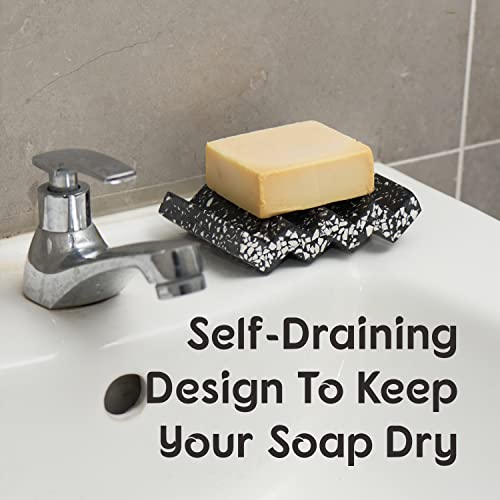 Tapeera Zig Zag Terrazzo Stone Soap Dish for Bathroom Sink - Concrete Soap Saver for Bar Soap Holder for Shower - Sponge Holder - Self Draining Soap Dish Holder - Kitchen Soap Tray (Black) - color: Black