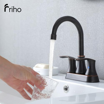 Friho 4 Inch Centerset Bathroom Faucet Oil Rubbed Bronze, 3 Hole Lead-Free 2-Handle RV Commercial Vanity Faucet with Drain Stopper & Supply Hoses - color: Oil Rubbed Bronze