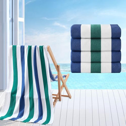 Beach Towel Set-4 Pack 30"x60" Sand Free Stripe Beach Towel for Pool,Bathroom,Soft Absorbent Quick Dry Lightweight Beach Bath Towel,Camping Blanket,Travel Towel,Beach Essentials for Adults,Green/Blue - color: Dark Green/Blue