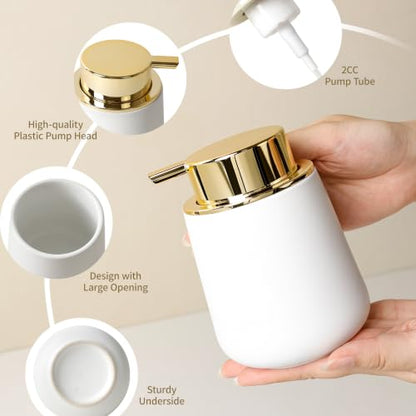 Bosilunlife 12Oz Ceramic Foam Soap Dispenser for Bathroom Kitchen Counter | Premium countertop foam pump creates delicate dense foam, stable desktop placement, Matte White with Gold - color: White&gold