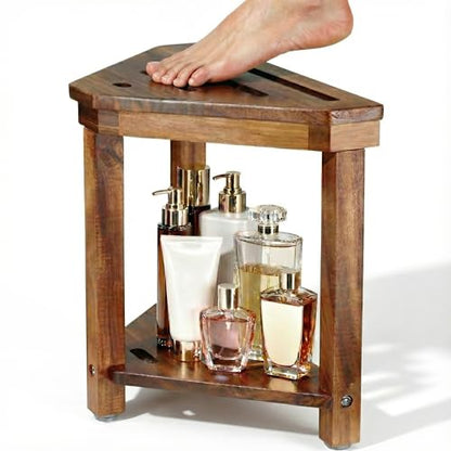 Acacia Wood Shower Stool for Shaving Legs, Corner Bath Shower Bench | Shower Foot Rest with Storage Shelf for Inside Small Shower Spaces, Waterproof Shower Foot Stool for Inside Shower