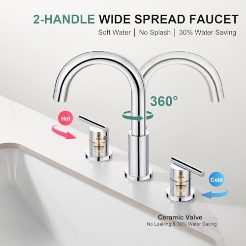 Faustina Chrome Bathroom Faucet,8 Inch Widespread Bathroom Faucets for Sink 3 Hole/Double-Handle 4 Inch 8 Inch Bathroom Faucet with Drain Assembly Stainless Steel Vanity Faucet Basin Mixer Tap - color: Chrome, style: Modern Widespread