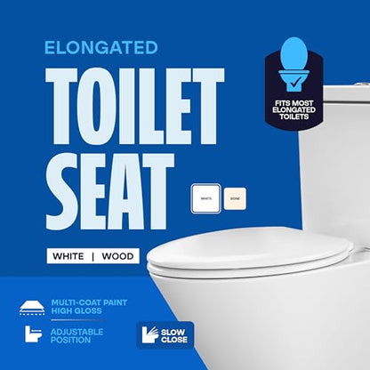 HIGHCRAFT Premium Elongated Toilet Seat with Slow-Close Design & Adjustable Hinges - Molded Wood Toilet Seat - Fits Standard Elongated Toilets - Oval Seat in White - color: White, size: Elongated