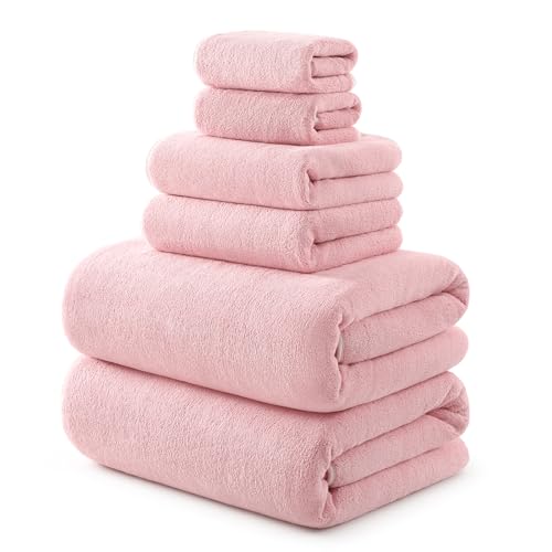 REDKISS Pack of 6 Pink Towel Set - 2 Extra Large Bath, 2 Hand, 2 Washcloths, Ultra Soft & Highly Absorbent, Quicker to Dry, Towels for Bathroom, Spa, Hotel, Gym - color: Pink