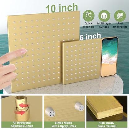 Enga Shower System with Body Jets, Dual Head 10 Inch Rain Shower Head with 6 Inch Showerhead, 4 Body Jets with 2 in 1 Handheld Spray, Brushed Gold - color: Brushed Gold, style: Wall-10"+6"+4Jets