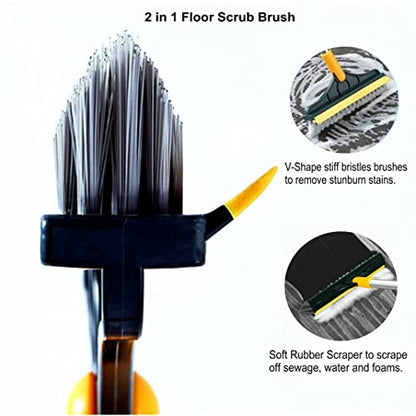 2 in 1 Cleaning Scrub Brush Grout Brush Scrapee 3 Poles 47.6'' Floor Scrub Brush with Long Handle V-Shape Stiff Bristle Brush Scrubber with Squeegee 120°Rotate Shower Scruber for Bathroom Glass - color: 3poles Green