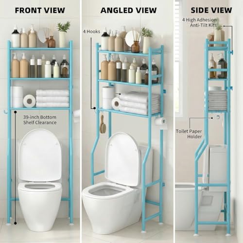 GloTika 3-Tier Over Toilet Storage, Anti-Tilt, 64" H, Blue | Anti-Tilt Safety System, 150lb Capacity, Carbon Steel, Freestanding, No Drilling, Anti-Rust Coating, Paper Holder & 4 Hooks - color: Blue, size: 3-Tier