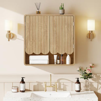 Fluted Bathroom Wall Cabinet, Boho Wooden Bathroom Organizers, Scalloped Over The Toilet Storage Cabinet with Adjustable Shelf, Medicine Cabinet Wall Mounted for Bathroom, Laundry Room,Natural - color: Natural