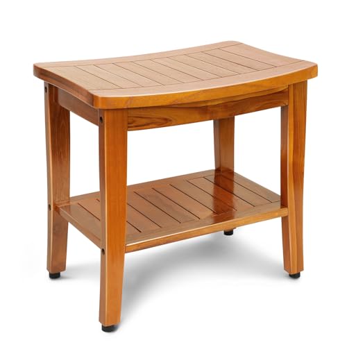 20" Premium Teak Shower Bench with Shelf & Handle, Solid Teak Shower Stool, Durable Wooden Waterproof Seat for Inside Shower, Teak Wood Bench for Bathroom, Indoor & Outdoor Use - size: 20" W x 13.5" Dx 18" H