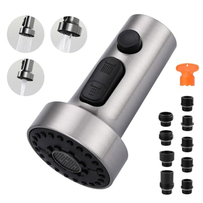 Pull Down Faucet Head Replacement: 3-Function Kitchen Faucet Sprayer Head Replacement with 9 Adapters - Brushed Nickel Sink Faucet Head Compatible with Moen, Delta, American Standard Faucets - color: Brushed Nickel