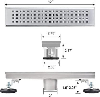 12 inch Linear Shower Drain Brushed Silver with Grate Removable | Square Hole Panel,AISI 304 Stainless Steel Fast Drainage Rectangle Hidden Shower Trench,Detachable Hair Catcher,Leveling Feet - color: Stainless Steel, size: 12 inch+No Base