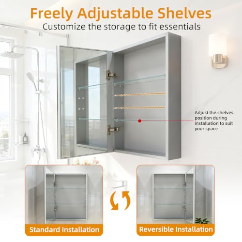 20"x 26"Bathroom Medicine Cabinet,Double-Sided Mirror Door | Silver Aluminium Frame,Lightweight,Sturdy and Attractive,Simple Wall-Mounted,Adjustable Shelves,Tempered Glass - size: 20"x 26"