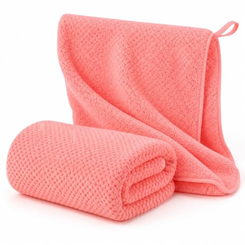 Soft Microfiber Face Towels 2-Pack, Premium Coral Fleece Hand Towels for Hands and Face, Highly Absorbent Pineapple Weave Washcloths, Thick Quick-Drying Bathroom Towels with Hanging Loop, Pink - color: Pink