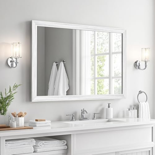 White Wood Effect Framed Wall Mirror, 24x36 Rectangle Mirror | Anti-desilvering Tempered Glass, Sustainable& Sturdy Frame, Farmhouse Mirror, Anti-Rust, 3min Setup for Bathroom Living Room - color: White Wood, size: 24"L x 36"W