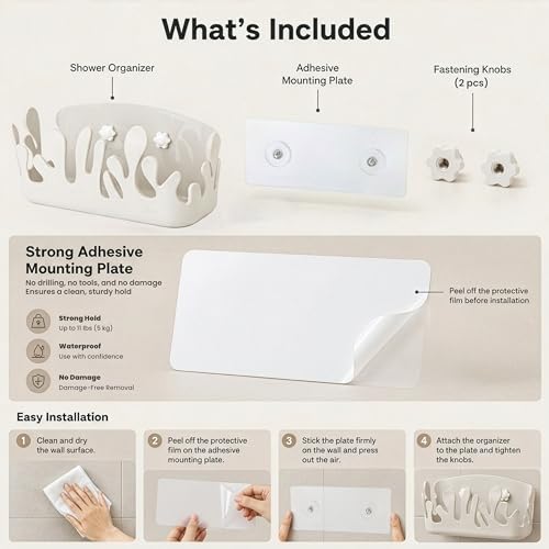 Vigar Shower Organizer 2 Pack, Adhesive Shower Caddy, Gray | No Drill Shower Shelf, Hooks and Drainage Holes, Wall Mounted Bathroom Storage for Shampoo, Soap and Bath Accessories