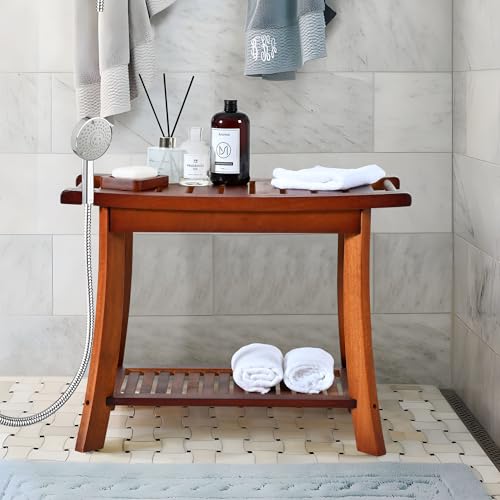 Teak Shower Chair Stool, 24" Shower Bench Seat, Wooden Bathroom Bench with Storage Shelf for Indoor & Outdoor Use - size: 24"