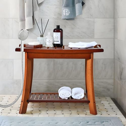 Teak Shower Chair Stool, 24" Shower Bench Seat, Wooden Bathroom Bench with Storage Shelf for Indoor & Outdoor Use - size: 24"