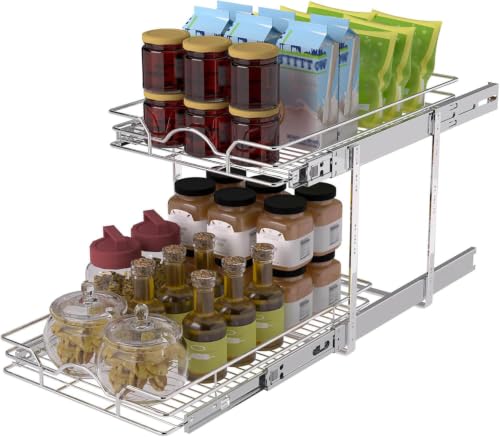 OCG 2 Tier Pull Out Cabinet Organizer (15.5" W x 18" D), Pull Out Drawers for Kitchen Cabinets, Pull Out Shelves for Base Cabinet Organization in Kitchen Bathroom Pantry, Chrome Finish - size: 15.5"W x 18"D, 2 Tier