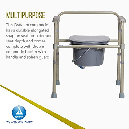 Dynarex Elongated Folding Bedside Commodes, 3-in-1 Design, Functions as a Commode, Raised Toilet Seat or Safety Rails, with Armrests, Drop-in Bucket & Splash Guard, 4 Commodes