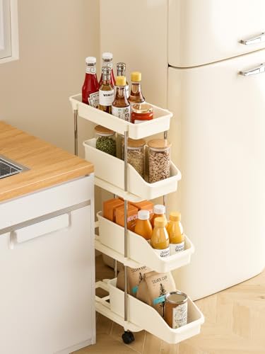 Slim Storage Cart 4 Tier Slim Rolling Utility Cart with Pull-Out Baskets & Wheels for Narrow Space in Kitchen Dining Room Bathroom Laundry Room Cream White (Width 6.3 Inches) - size: 4 Tier