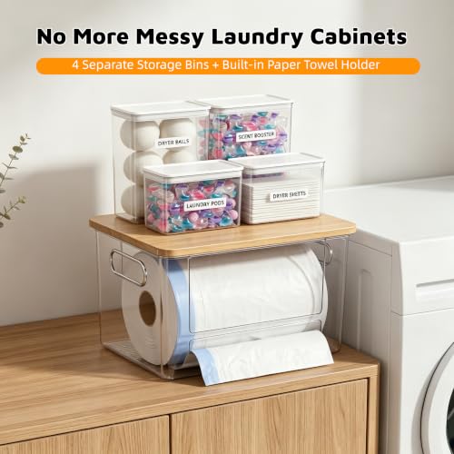 5-in-1 Under Sink Organizer with Trash Bag Dispenser & Acrylic Containers, Clear Laundry Pod & Dishwasher Pod Storage, Bamboo Lid Kitchen Pantry Organization