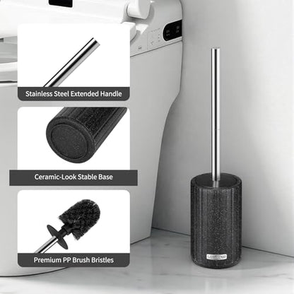 Toilet Bowl Brush and Holder, Long Stainless Steel Handle, Black | Durable Toilet Scrubber Bristles, Toilet Brush and Holder Set, Deep Cleaning Toilet Brush for Bathroom, Ceramic-Look - size: 1 Pack