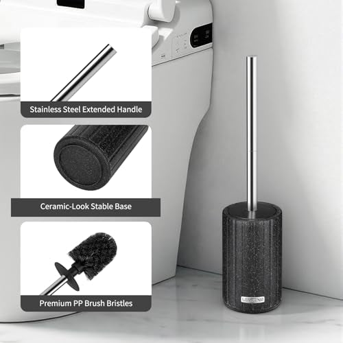 2 Pack Toilet Bowl Brush and Holder, Long Stainless Steel Handle, Black | Durable Toilet Scrubber Bristles, Toilet Brush and Holder Set, Deep Cleaning Toilet Brush for Bathroom, Ceramic-Look - size: 2 Pack