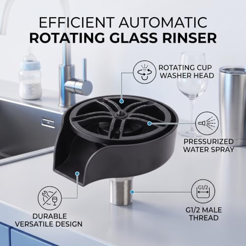 POCREATION Automatic Glass Washer Cup Rinser, 360 Degree Rotating Spout Sink Accessory Stainless Steel Bottle Washer for Bottles, Cups, Utensils Black ABS Basin (US 9/16 Hose)